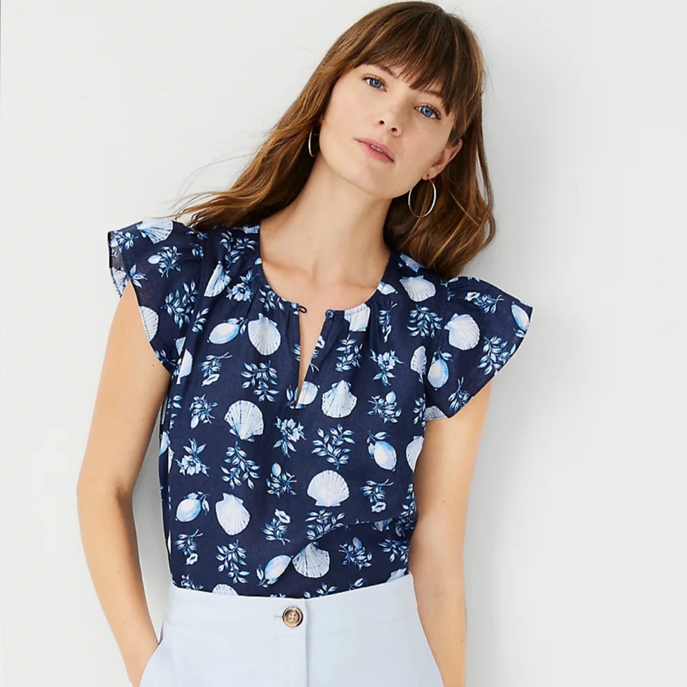 Ann Taylor Navy and White Shell Print Linen Blouse